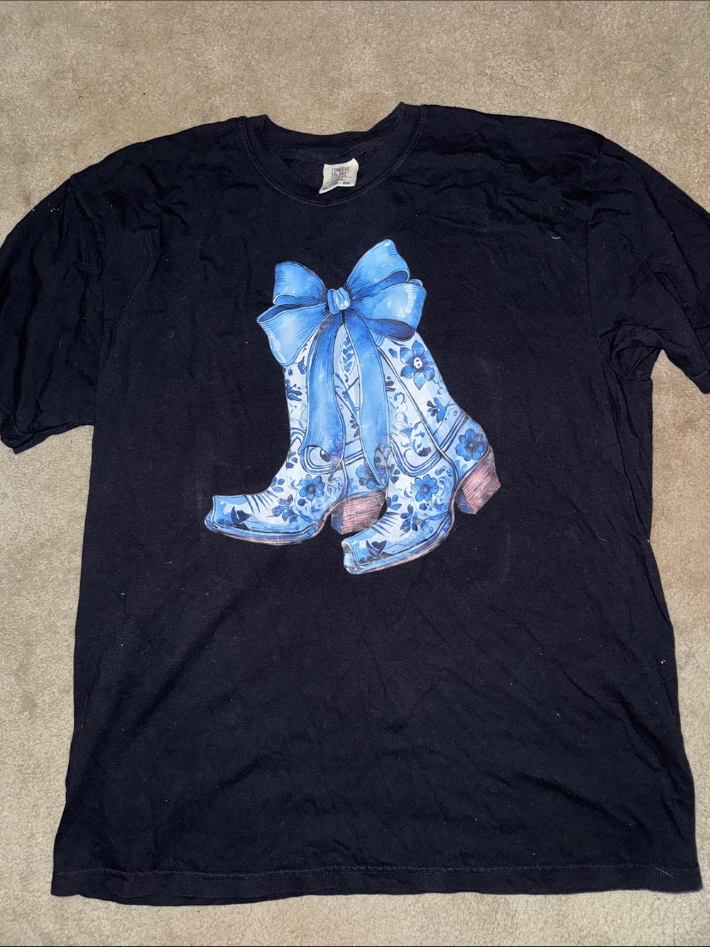 Comfort Colors Black Tee with Blue Floral Heeled Boots Graphic